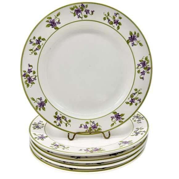 MSE Set Of 5 Lunch Plates 9 inch White With Green Trim Purple Floral Design - Picture 1 of 8